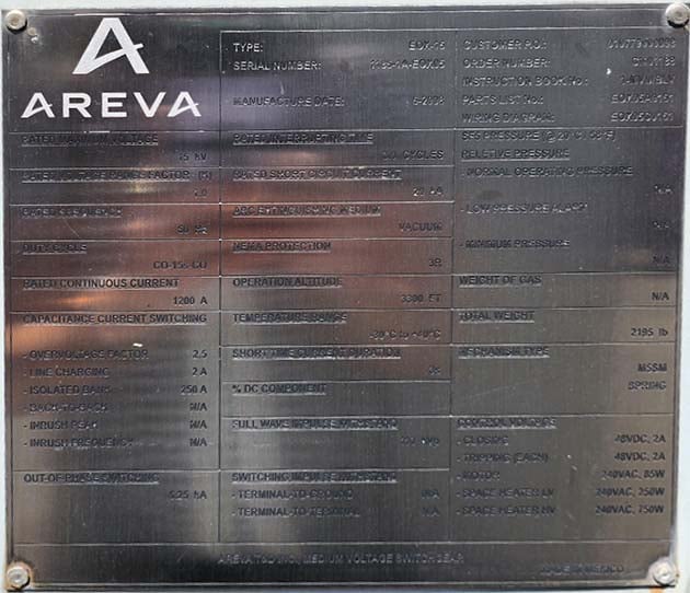 1200 Amp, AREVA, EOX-15, 15000 Volts, SUBSTATION VACUUM BREAKER - Image 2