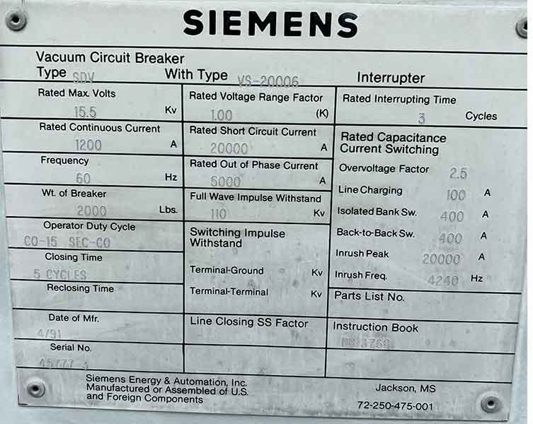 1200 Amp, SIEMENS, 15.5 kV, No. SDV, 15500 Volts, 125 CLOSE & TRIP, 240AC/250DC MOTOR - Image 2
