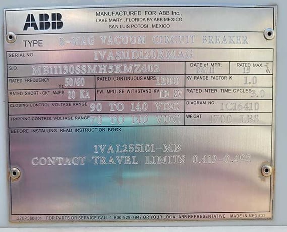1200 Amp, ABB, No. RMAG, 15 KV, 20 KA, 125 VDC CLOSE & TRIP - Image 2