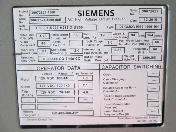 1200 Amp, SIEMENS, 05-GMSG-0063-1200-164, 4760 Volts, 2010, 125 VDC CL/TR/MOT - Image 2