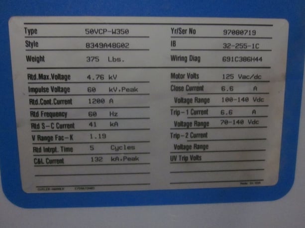 1200 Amp, CUTLER HAMMER, 50VCP-W-350, 4160 Volts, 1997, EO/DO, 125VDC C & T; - Image 1