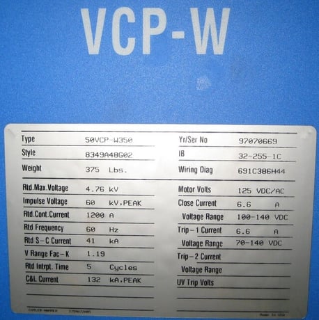 1200 Amp, CUTLER HAMMER, 50VCP-W-350, 5000 Volts, 1997, EO/DO, 125VDC C & T; - Image 1