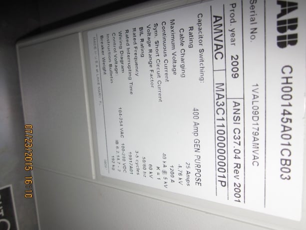 1200 Amp, ABB, AMVAC, 4160 Volts, 2009, ELECTRICALLY OPERATED, UNUSED:1 - Image 2