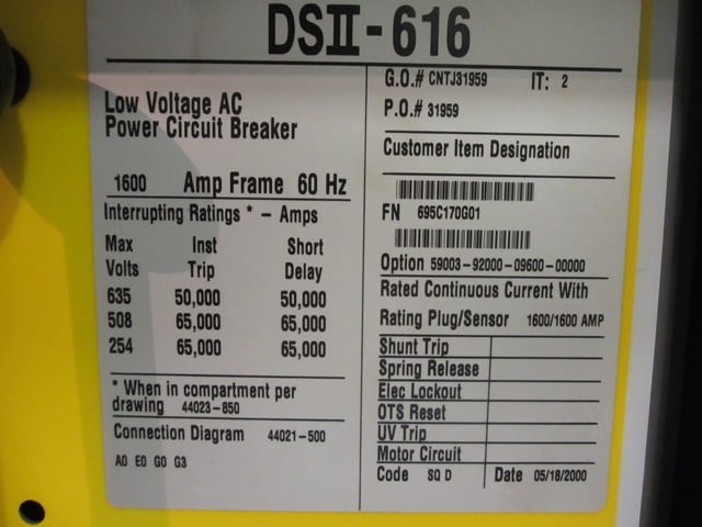 1600 Amp, SQUARE D, DSII-616, 480 Volts, manually operated, drawout, RMS-810D LSI - Image 2