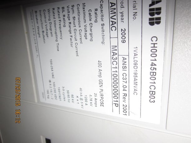 1200 Amp, ABB, AMVAC, 4160 Volts, 2009, ELECTRICALLY OPERATED, UNUSED:1 - Image 2