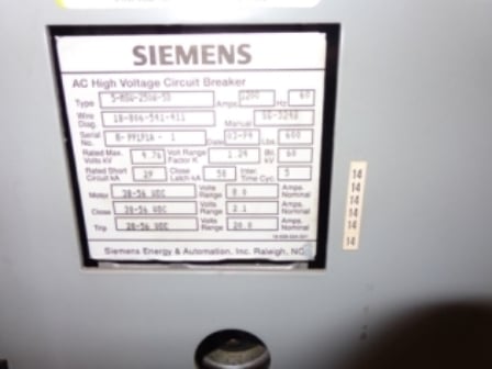 1200 Amp, SIEMENS, 5-MSV-250A-58, 4760 KV, 1994, VACUUM RETRO-FIT:1 - Image 3