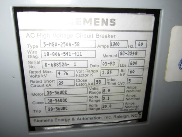 1200 Amp, SIEMENS, 5-MSV-250A-58, 4760 KV, 1994, VACUUM RETRO-FIT:1 - Image 6