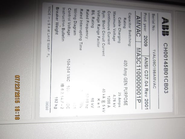 1200 Amp, ABB, AMVAC, 4760 Volts, 2009, ELECTRICALLY OPERATED, UNUSED:1 - Image 2