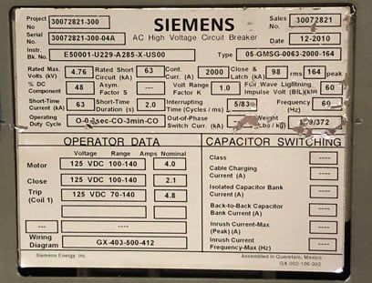 2000 Amp, SIEMENS, 05-GSMG-0063-2000-164, 4760 Volts, 2010, 125 VDC CL/TR/MOT - Image 3