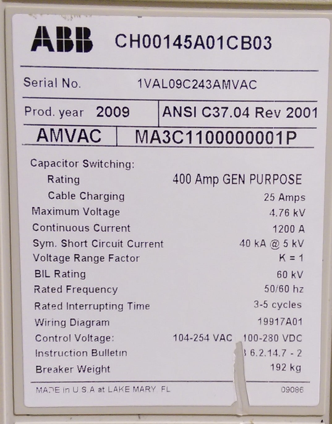 1200 Amp, ABB, AMVAC, 4160 Volts, 2009, ELECTRICALLY OPERATED, UNUSED:1 - Image 1