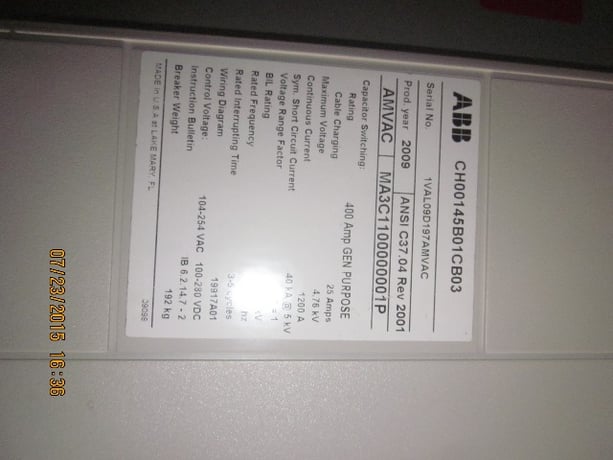 1200 Amp, ABB, AMVAC, 4160 Volts, 2009, ELECTRICALLY OPERATED, UNUSED:1 - Image 2