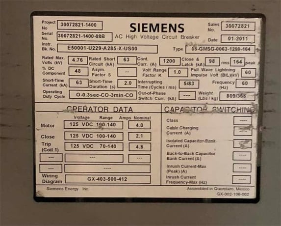 1200 Amp, SIEMENS, 05-GMSG-0063-1200-164, 4760 Volts, 2010, 125 VDC CL/TR/MOT - Image 1