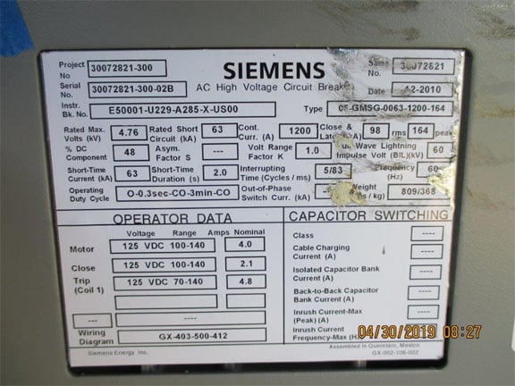 1200 Amp, SIEMENS, 05-GMSG-0063-1200-164, 4760 Volts, 2010, 125 VDC CL/TR/MOT - Image 2