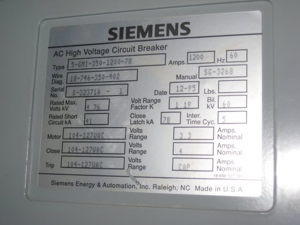 1200 Amp, SIEMENS, 5GMI-350-1200-78, 4160 Volts, 120 VAC CLOSE & TRIP, electrically operated, D/O:1 - Image 1