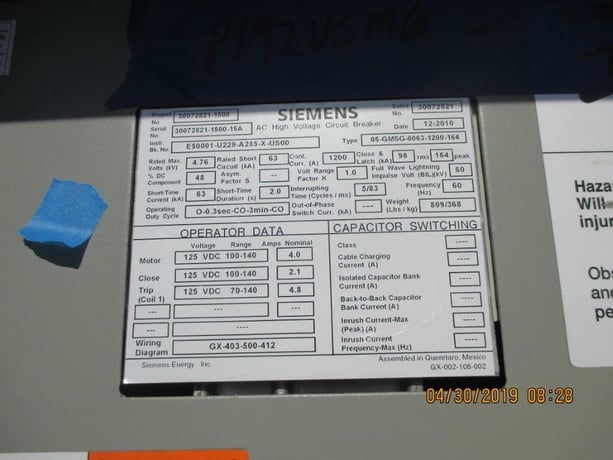 1200 Amp, SIEMENS, 05-GMSG-0063-1200-164, 4760 Volts, 2011, 125 VDC CL/TR/MOT - Image 2