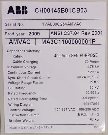 1200 Amp, ABB, AMVAC, 4160 Volts, 2009, ELECTRICALLY OPERATED, UNUSED:1 - Image 1