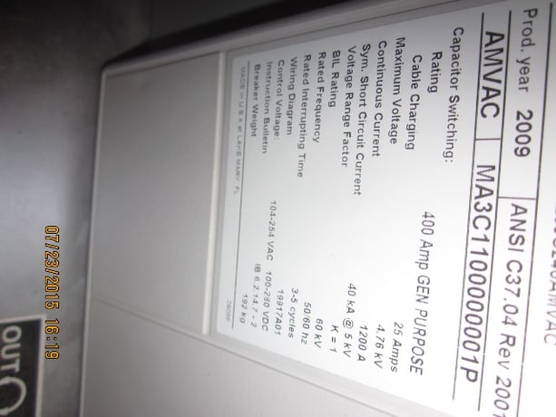 1200 Amp, ABB, AMVAC, 4760 Volts, 2009, ELECTRICALLY OPERATED, UNUSED:1 - Image 2