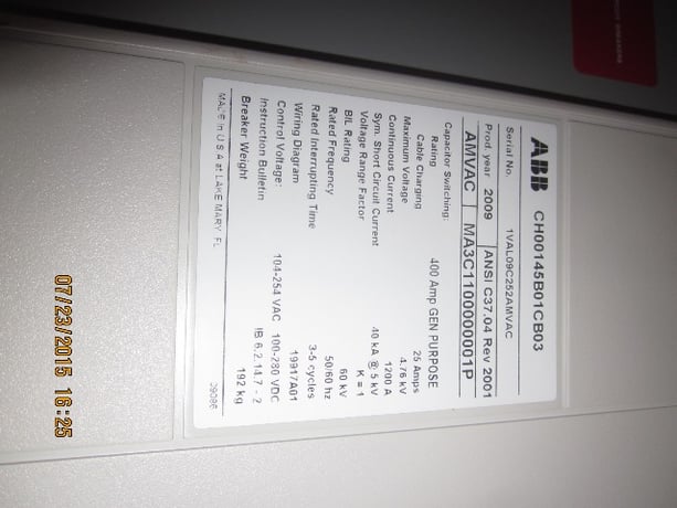 1200 Amp, ABB, AMVAC, 4160 Volts, 2009, ELECTRICALLY OPERATED, UNUSED:1 - Image 2