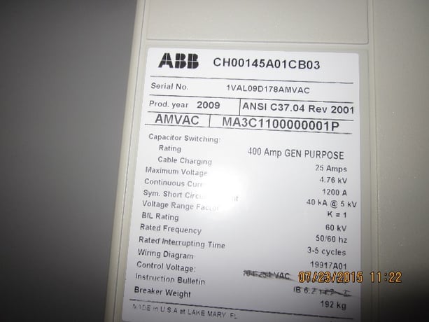 1200 Amp, ABB, AMVAC, 4160 Volts, 2009, 125 VDC CLOSE & TRIP, UNUSED:1 - Image 2