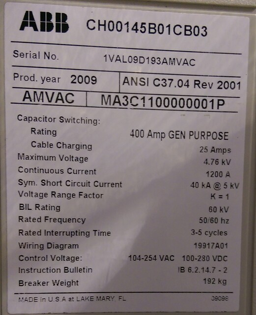1200 Amp, ABB, AMVAC, 4160 Volts, 2009, ELECTRICALLY OPERATED, UNUSED:1 - Image 1