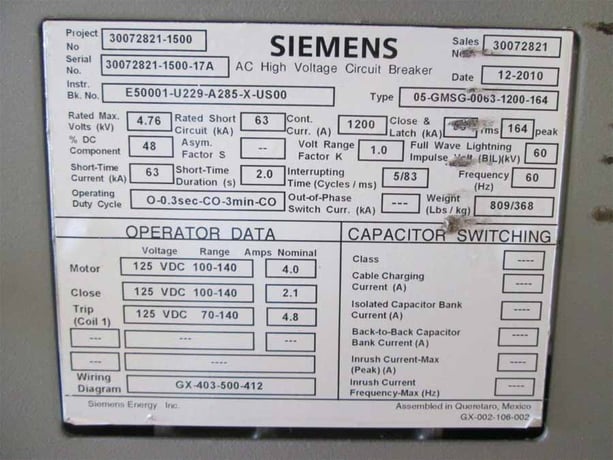 1200 Amp, SIEMENS, 05-GMSG-0063-1200-164, 4760 Volts, 2010, 125 VDC CL/TR/MOT - Image 2