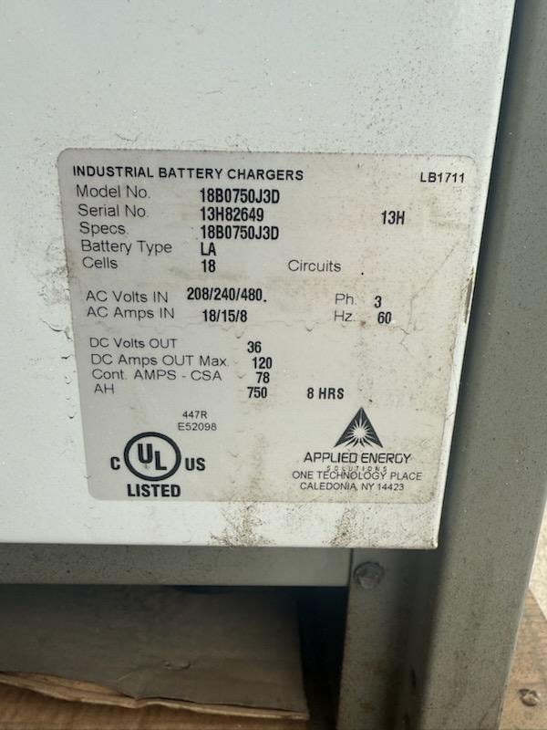 Applied Energy Solution #18B0750J3D, Battery Charger, 18 cell, 208/240/480 Volts AC in, 36 Volts DC out - Image 5