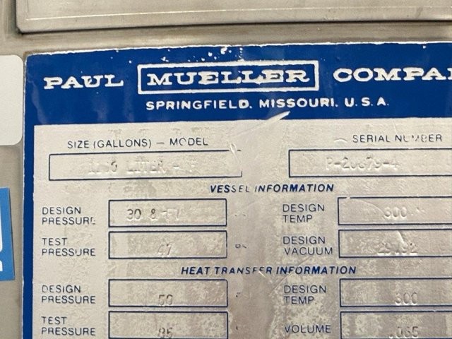 320 gallon Paul Mueller, Stainless steel jacketed tank, 50 psi, dished top & bottom, 1988 - Image 7