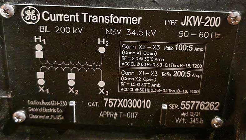 GENERAL ELECTRIC CT, 34500 V, 200/100:5, TYPE JKW-200, 757X030010 - Image 1