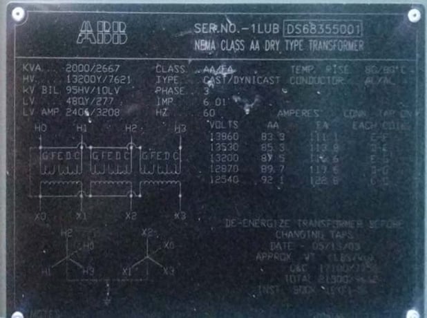 2000 kVA, 13200 WYE Primary, 480/277 WYE Secondary, ABB Dry Type - Image 1