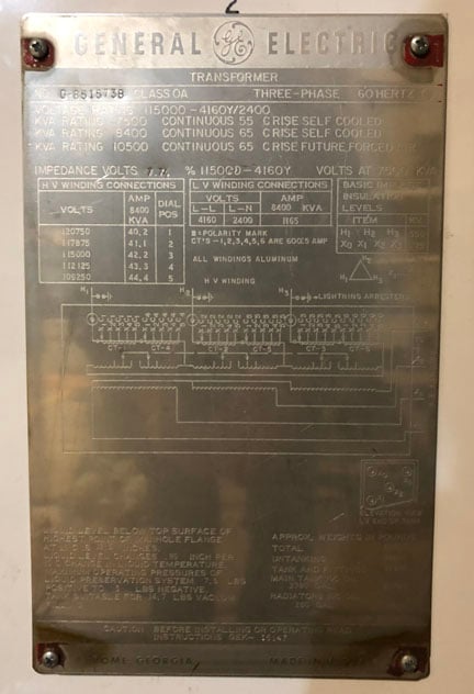 7500/8400/10500 kVA, 115000 Delta Primary, 4160/2400 WYE Secondary, General Electric Substation - Image 1