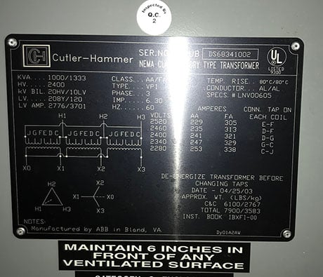 1000/1333 kVA, 2400 Delta Primary, 208/120 WYE Secondary, Cutler-hammer, VPI Dry Type - Image 1