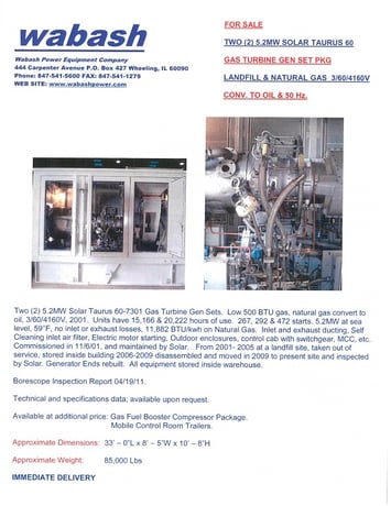 5200 KW Solar Taurus #60-7301, LFG & natural gas turbine generator set, 4160 Volts, 2001 (2 available) - Image 1