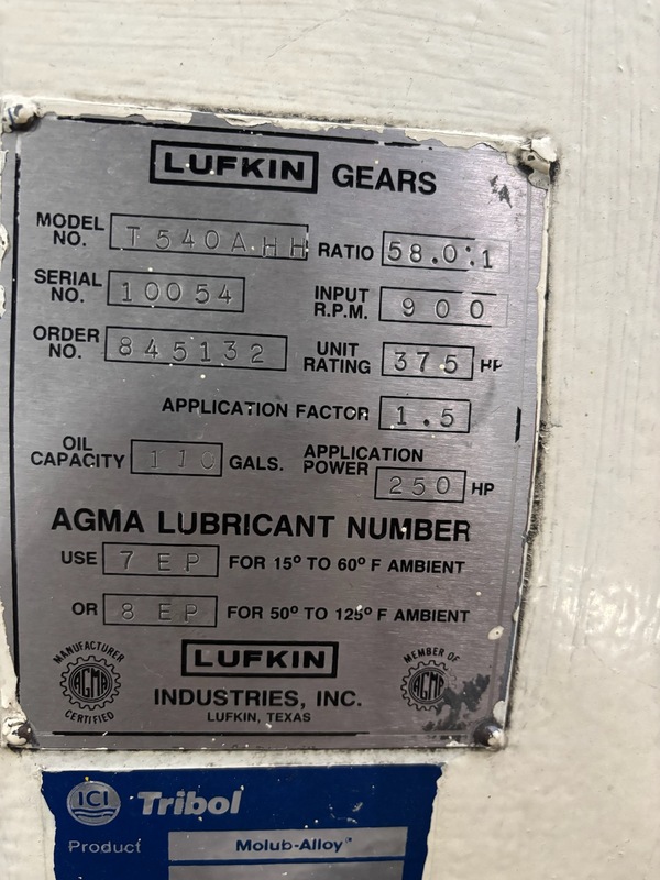 250 HP @ 900 RPM, Lufkin #T540AHH, gearbox reducer, 58.00 :1 ratio, 1.5 service factor - Image 10