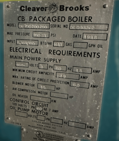 200 HP Cleaver-Brooks #CB700-200-200, Packaged Steam Boiler, 200 psi, 8,369,000 BTU/H, nat gas, 10 HP blower - Image 3