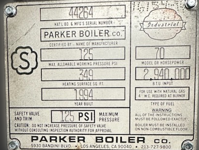 70 HP Parker #70, Steam Boiler, 125 psi, 349 sq.ft., 2,940,000 BTU/H, 1994 - Image 3