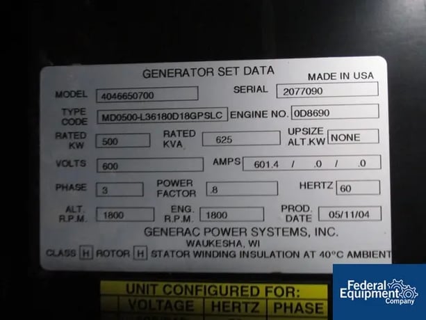 500 KW Generac #4046650100, Genset, 1800 RPM, 625 KVA, 600 Volts, tank mount, enclosure, 300 hours, 2004 - Image 7