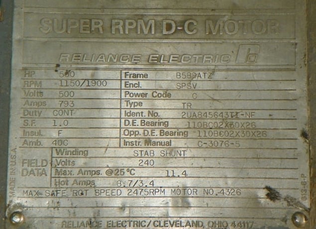 500 HP 1200 RPM Reliance, Frame B589ATZ, DPFVBB, 500 VA, 240 VF - Image 1