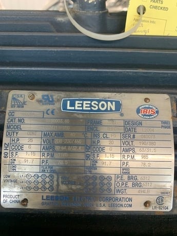 25 HP 1185 RPM Leeson, Frame 324T, 208-230/460 Volts - Image 1