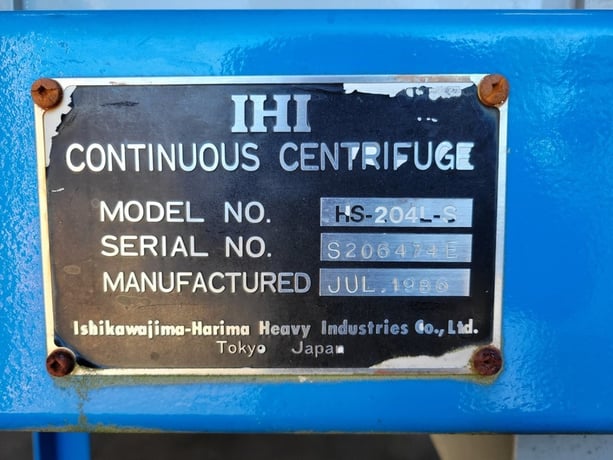 8" x 21.6" IHI #HS-204L0S, continuous centrifuge, 5000 RPM, 15 GPM, 15 HP, lube system - Image 2