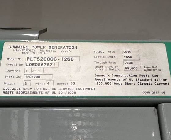 2000 Amp. Cummins #PLTS2000C-126C, 120/208 Volts SER automatic transfer switch, Nema 1 - Image 5