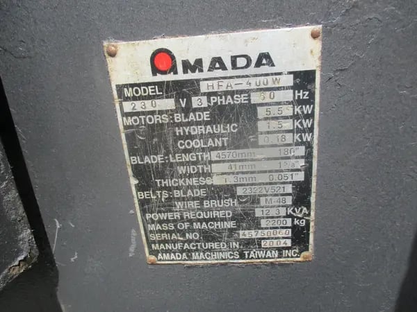16" x 16" Amada #HFA-400W, automatic horizontal bandsaw, 180" x 1.25" x .042" blade, 50-395 FPM, hydraulic - Image 3