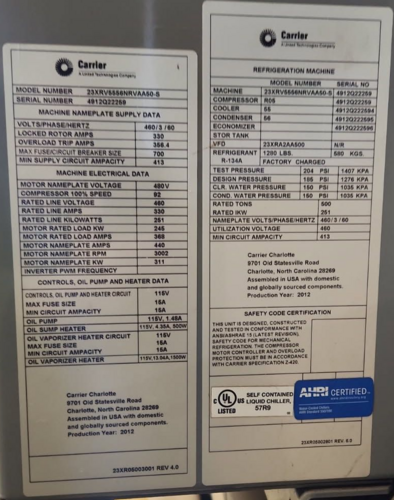 500 Ton, Carrier #23XRV5556NRAA50-S, Water-Cooled Chiller, R-134a, Oil-free centrifugal compressor, 2012 - Image 2