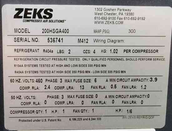 Zeks #200HSGA400, Compressed Air Dryer, R-404, 6 A - Image 2