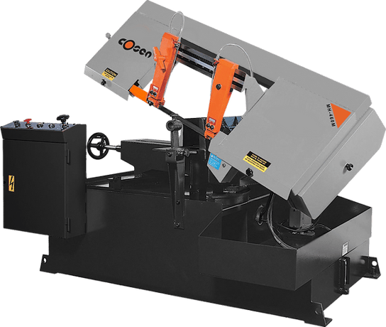 10" Cosen #MH-460M, Manual Horizontal Scissor Style Mitering Band Saw, 75/121/190/305 FPM, 11' 6" x 1" x - Image 1