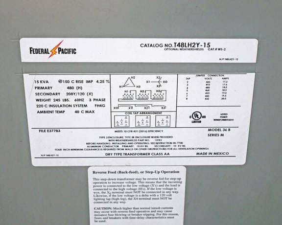 15 KVA 480 Primary, 208/120 Secondary, Federal Pacific #36-B, Three Phase Dry Type Transformer, Class AA, 60 - Image 10