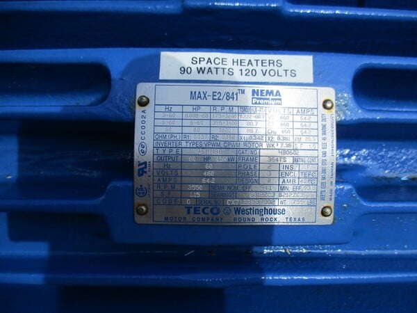 60 HP 3600 RPM Teco Westinghouse, Frame 364TS - Image 3