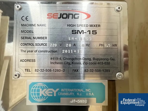 15 liter Sejong #SM-15, High Shear Granulator, Stainless Steel, 220 V., 2011 - Image 2