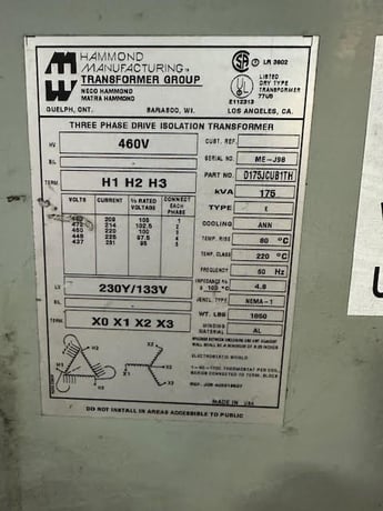 175 KVA 460 Primary, 230Y/133 Secondary, Hammond Dry Type - Image 1