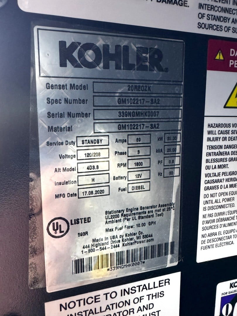 20 KW Kohler #20RE02K, Diesel Generator 120/208 Volts, 3 Phase, New Surplus - Image 3