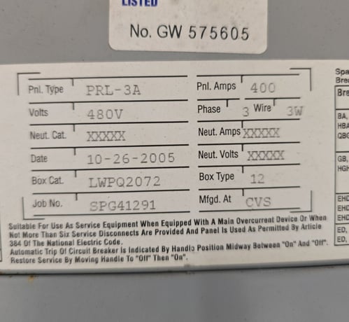 400 Amp. Eaton, PRL3A, Panelboard, 480 Volts 3PH 3W 3R Encl 36 Cir MCB Main HKD3400 LWPQ2072 P702 - Image 2